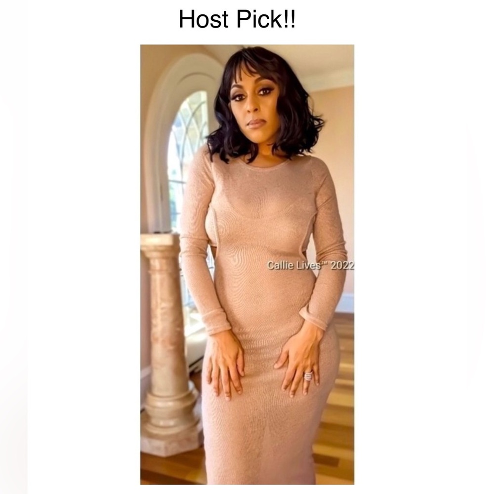 New!!Callie Lives Sheer Flesh Nude Sexy See-thru Bralette Cut Out Tan MIDI Dress